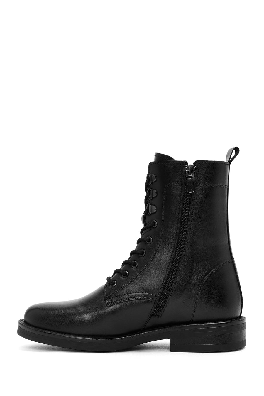 Woman Black Zip Closure Leather Combat Boots