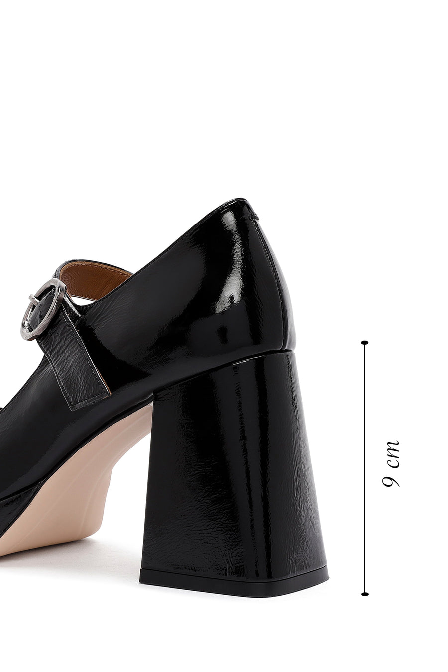 Women's Black Buckled High Thick Heel Leather Mary Jane Shoes