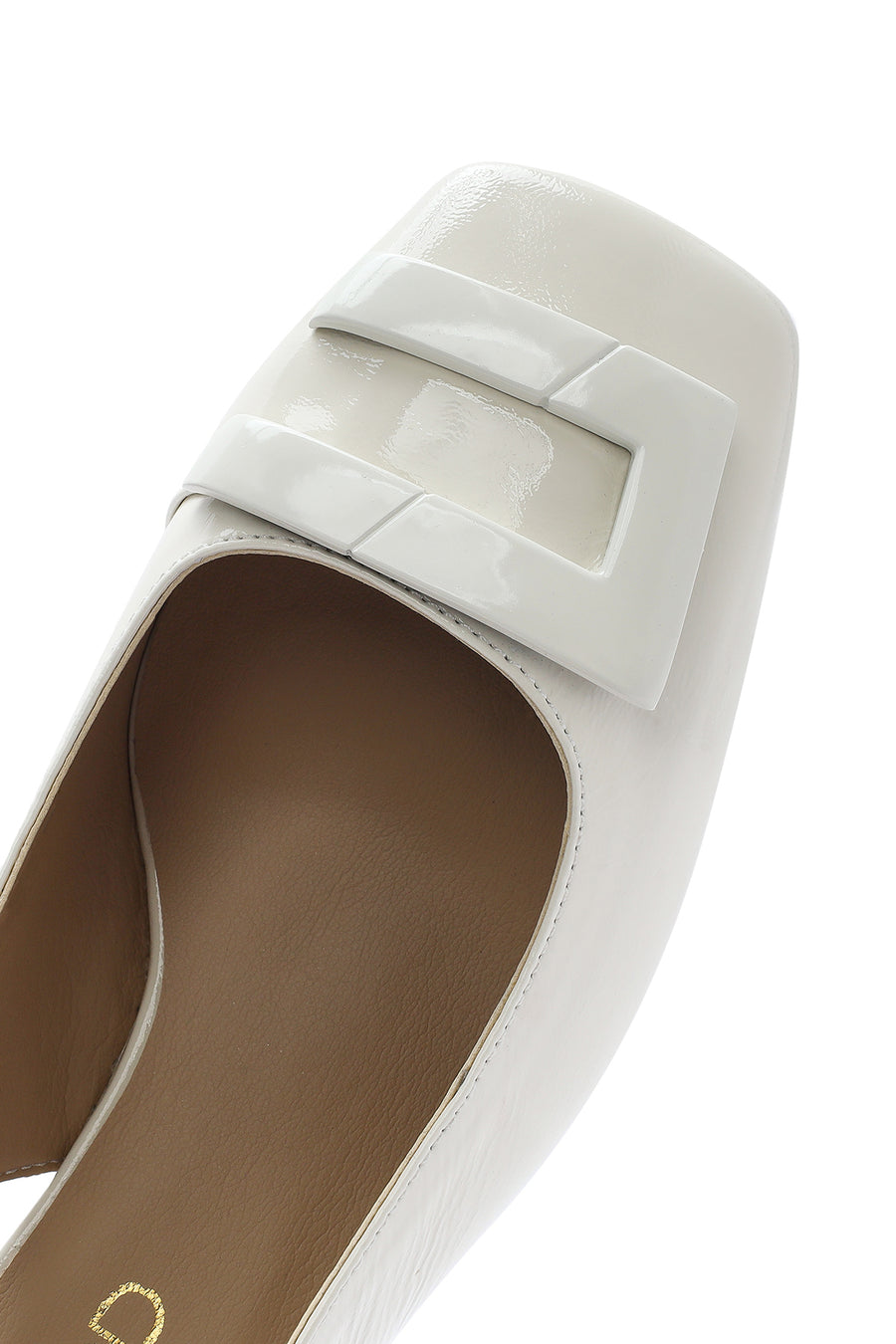 Women's Beige Ankle Buckle Open Back Low Thick Heel Patent Leather Shoes