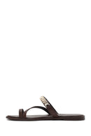 Women's Brown Stoned Flip-Flop Leather Slippers | Derimod