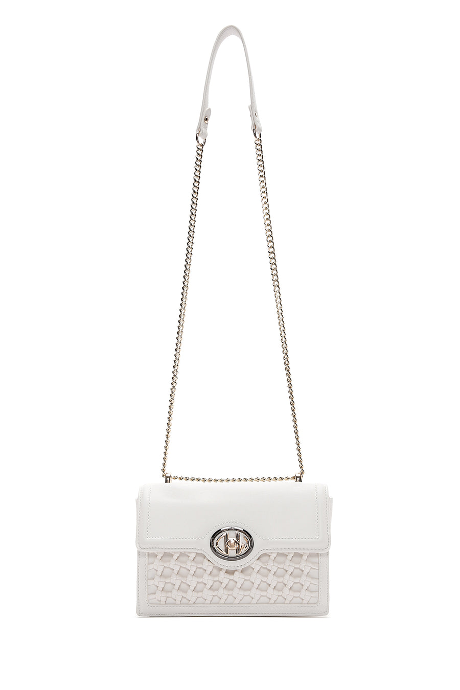Woman White Chain Strap Braided Crossbody Bag