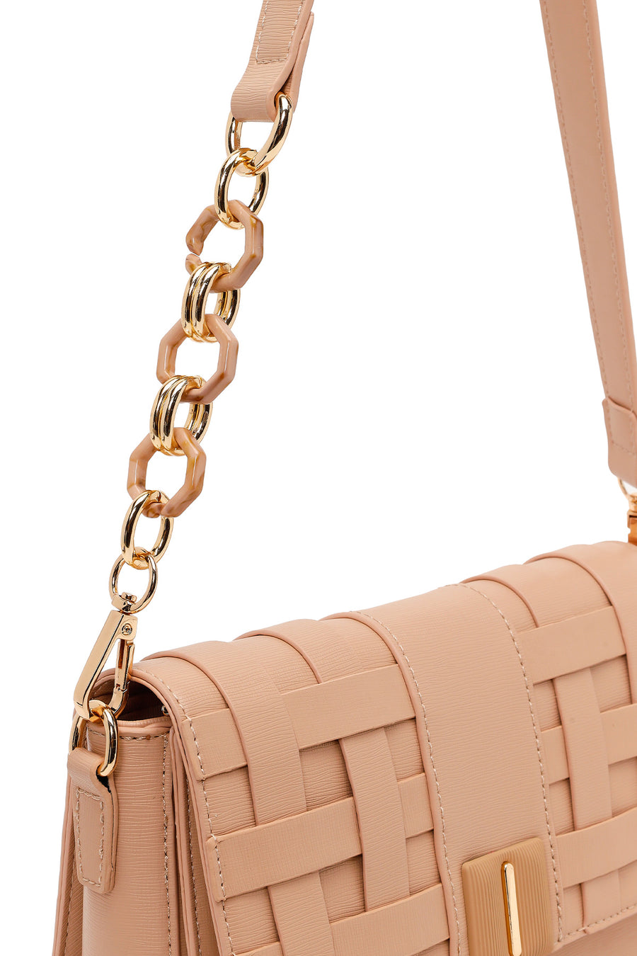 Woman Beige Long-Strap Knitted Crossbody Bag