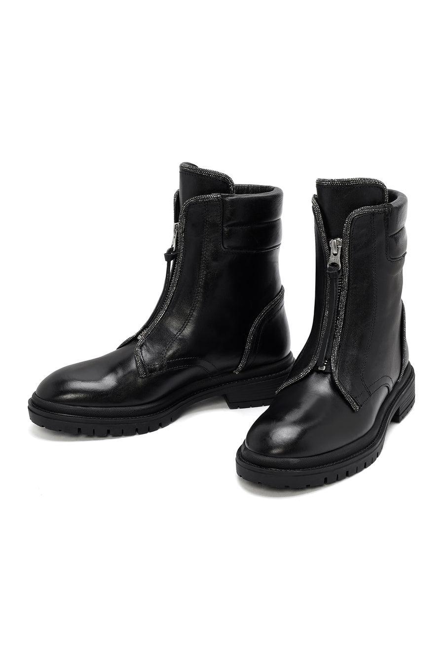 Women's Black Zippered Stoned Leather Combat Boots
