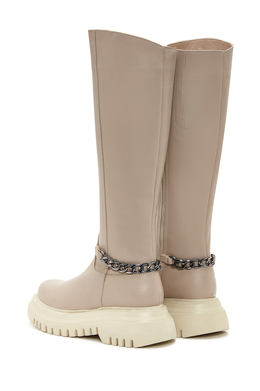 Women's Beige Leather Zippered Chain Detailed Boots