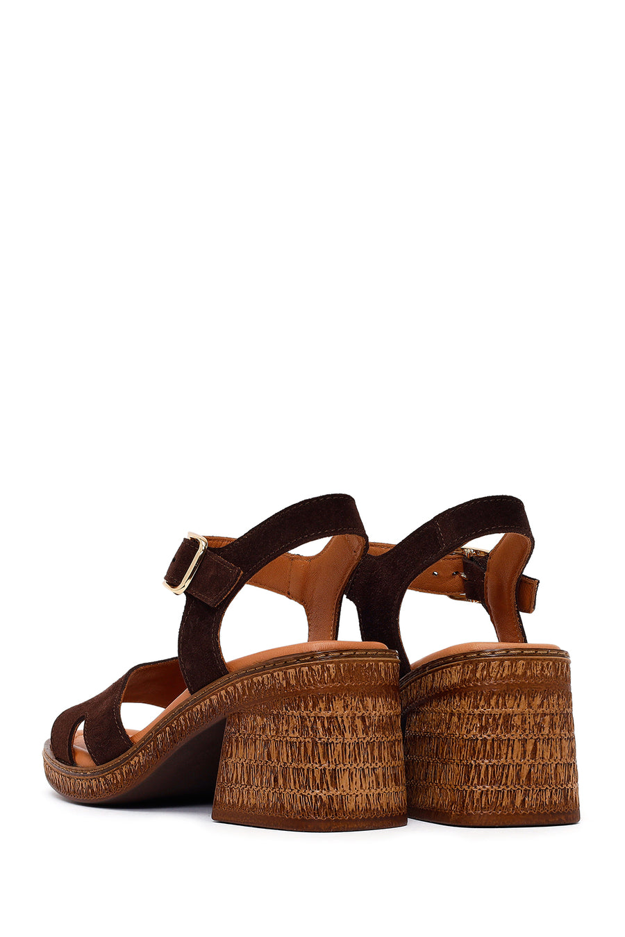 Woman Brown Ankle-Buckle Chunky-Heel Suede Leather Sandals