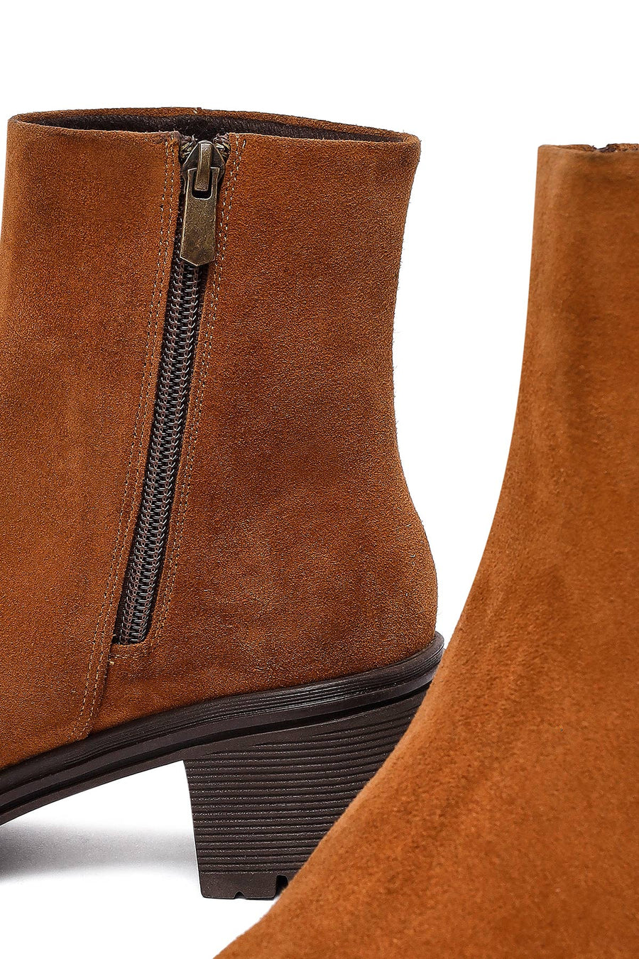 Woman Tan Zippered Chunky Heel Suede Leather Boat