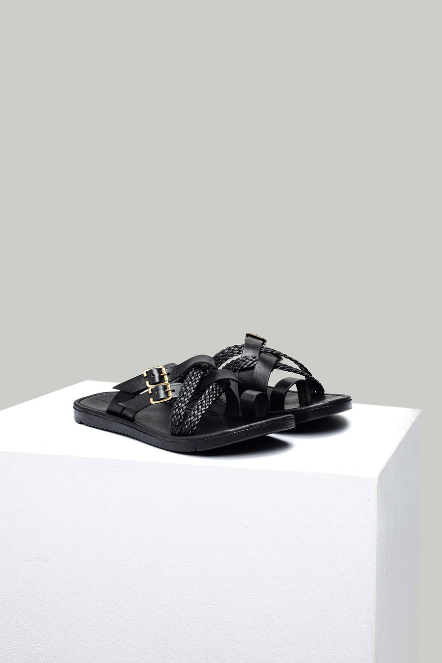 Black Men's Leather Sandals with Mesh Detail