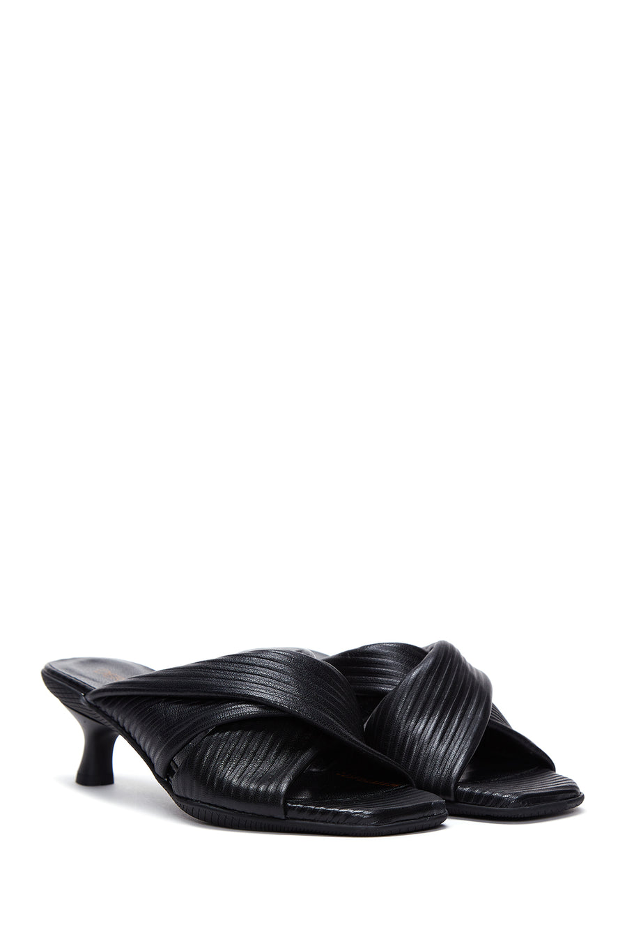 Women's Black Leather Heeled Slippers