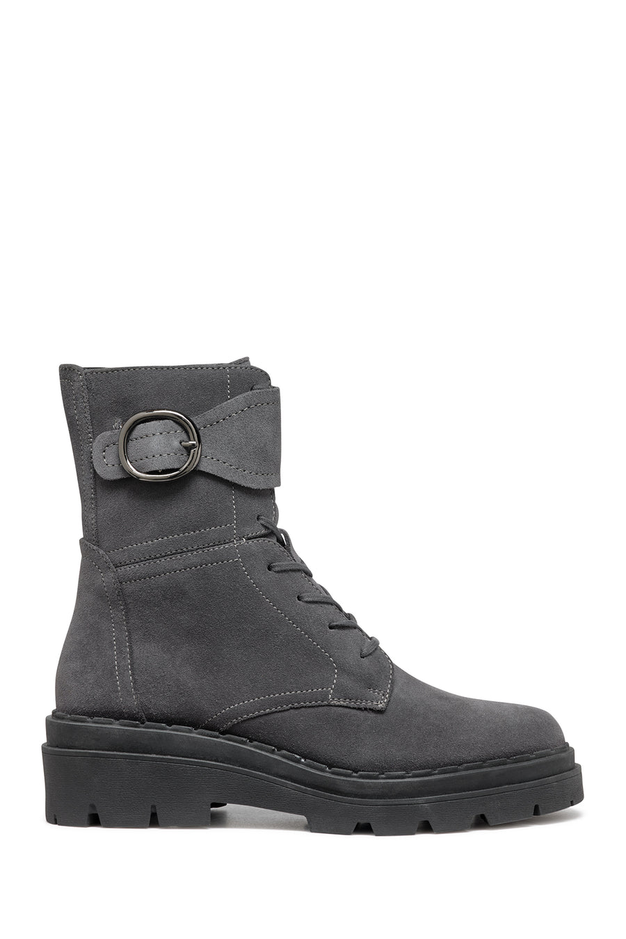 Geox Women's Gray Felleny Lace-Up Zipper Detailed Leather Combat Boots D46XEB00022C1115 | Derimod
