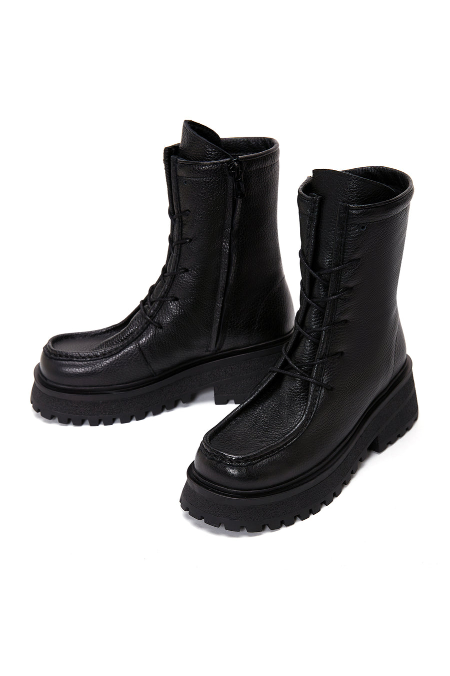 Women's Black Leather Zippered Flat Boots