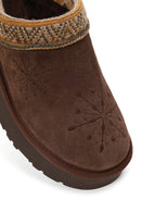 Woman Brown Patterned Chunky Heeled Suede Teddy Slipper | Derimod