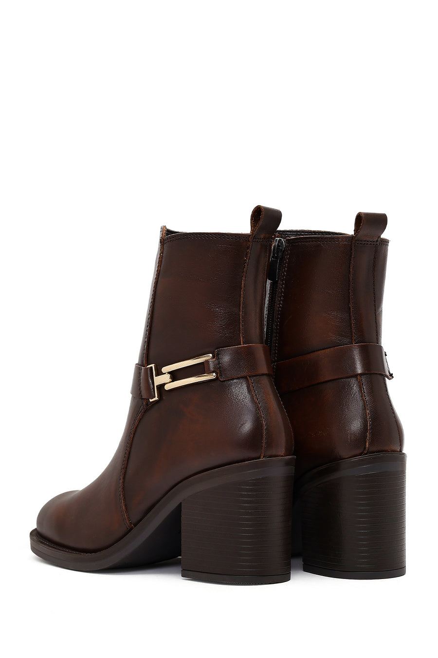 Women's Brown Buckle Chunky Heel Leather Boots