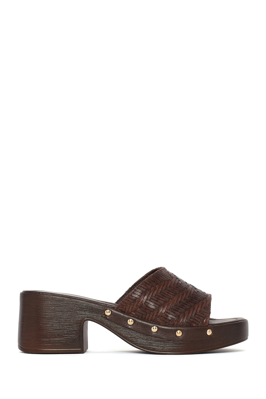 Women's Brown Patterned Short Chunky Heel Leather Slippers 26SFD240026 | Derimod