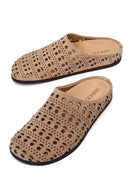 Women's Beige Patterned Suede Leather Slippers | Derimod