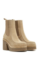 Women's Beige Thick Heeled Suede Leather Chelsea Boots | Derimod