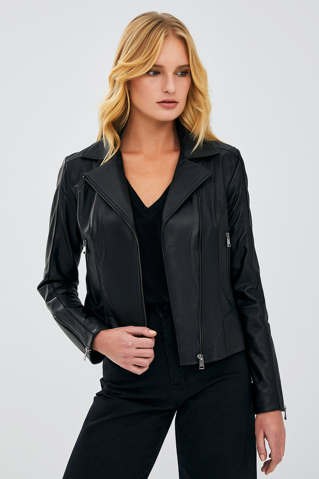 Kiara Kadın Siyah Slim-Fit Biker Deri Ceket