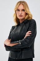 Kiara Women's Black Slim-Fit Biker Leather Jacket | Derimod