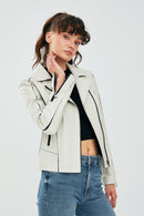 Kiara Women's Beige Slim-Fit Biker Leather Jacket | Derimod