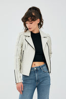 Kiara Women's Beige Slim-Fit Biker Leather Jacket | Derimod