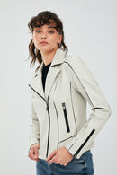 Kiara Women's Beige Slim-Fit Biker Leather Jacket | Derimod