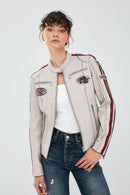 Ladyracer Women's White Embroidered Sports Leather Coat | Derimod