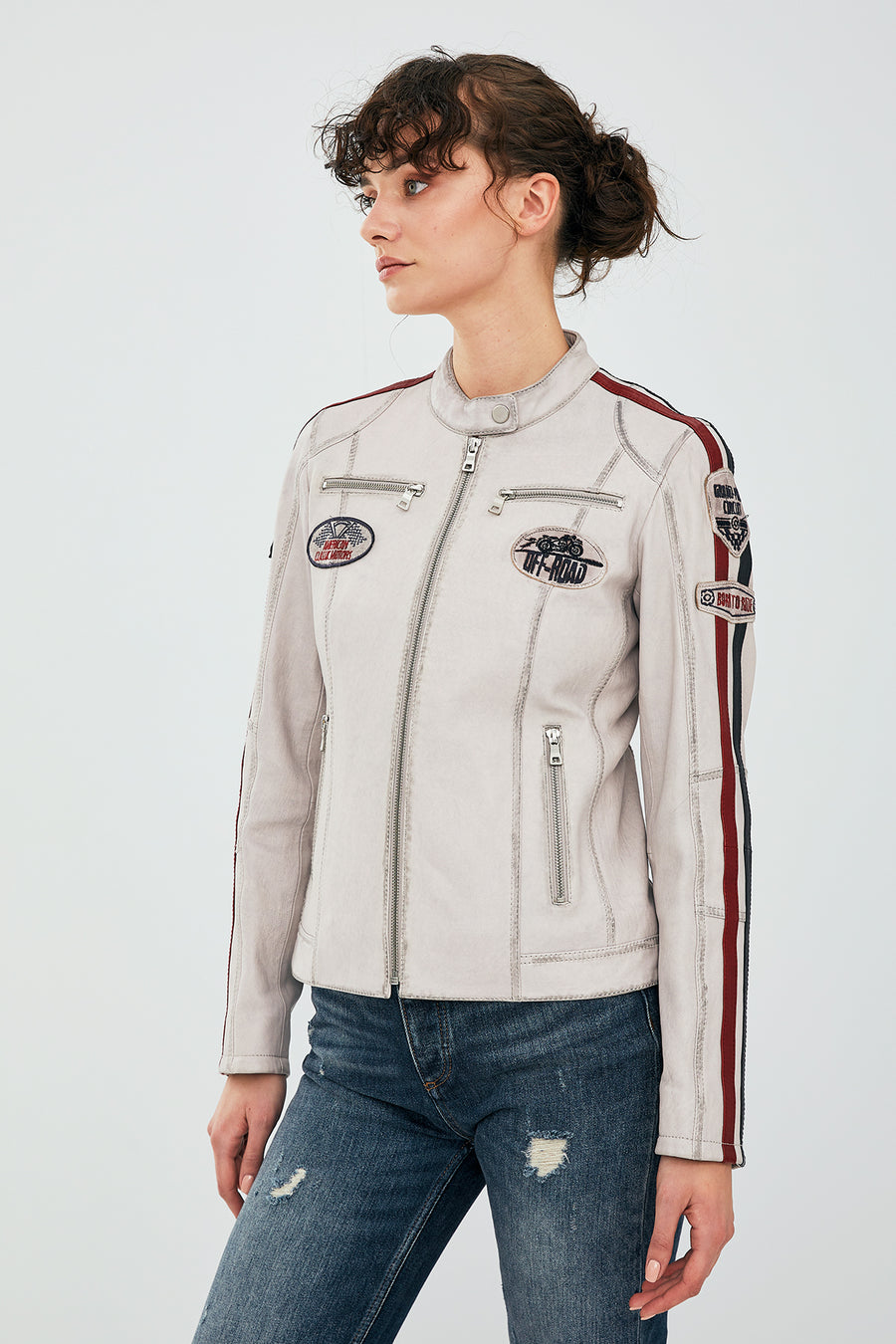 Ladyracer Women's White Embroidered Sports Leather Coat