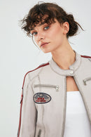 Ladyracer Women's White Embroidered Sports Leather Coat | Derimod