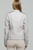 Ladyracer Women's White Embroidered Sports Leather Coat | Derimod