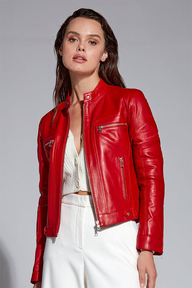Sara Women's Red Short Leather Jacket