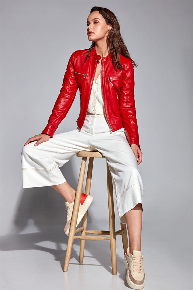 Sara Women's Red Short Leather Jacket