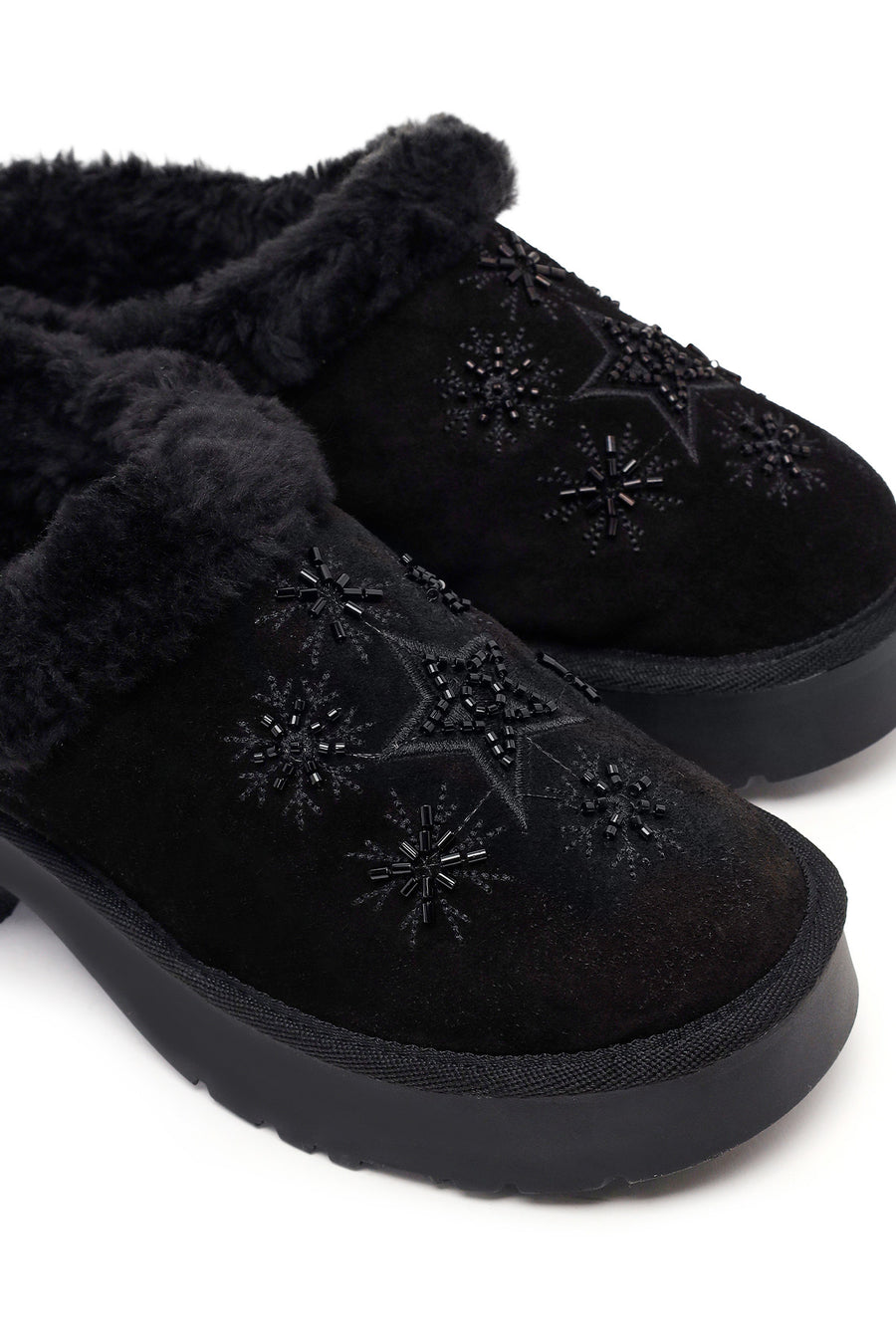 Woman Black Thick-soled Embellished Suede Leather Teddy Slipper