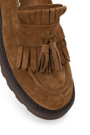 Woman Camel Thick-Soled Tasselled Suede Loafer | Derimod