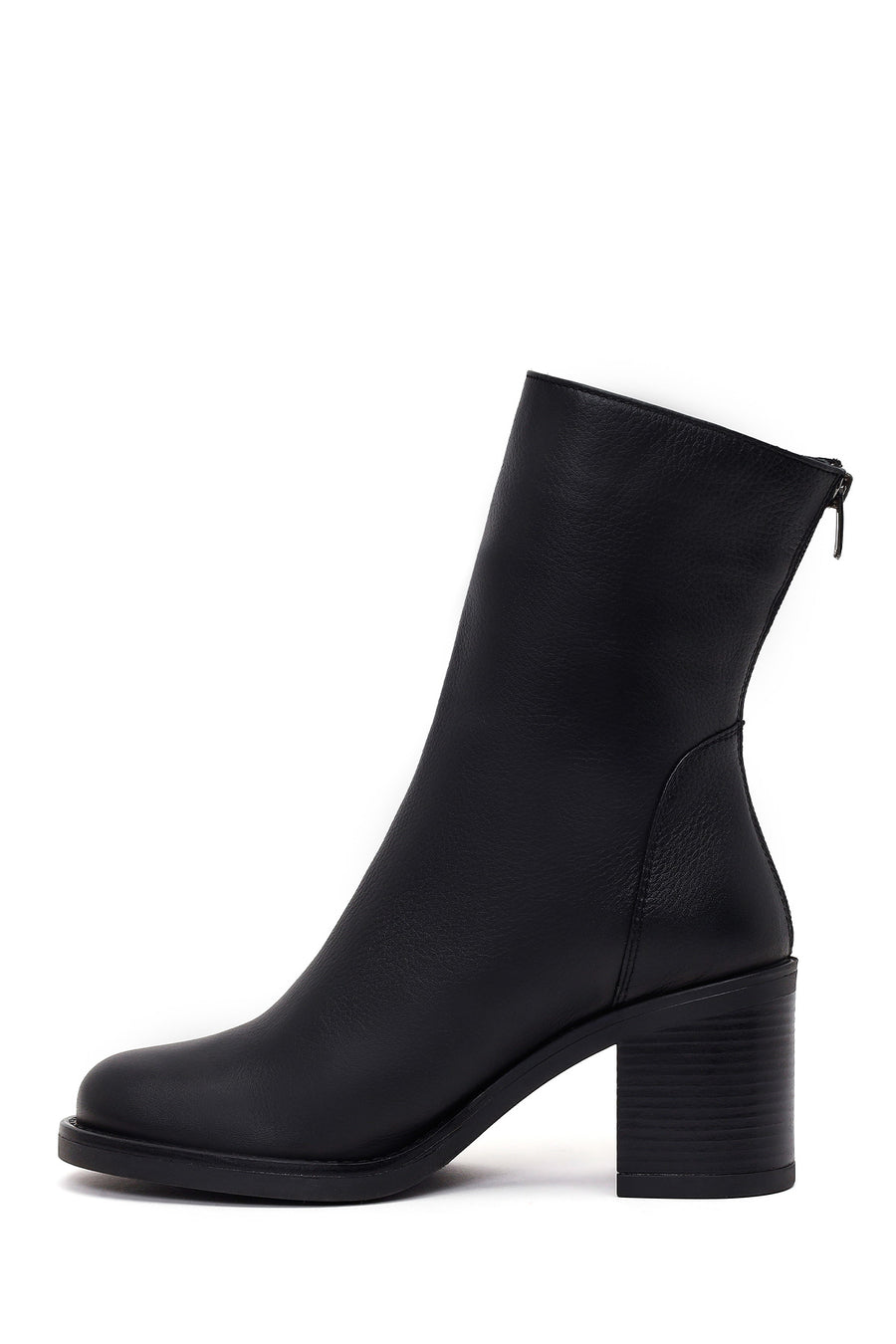 Woman Black Zip Closure Thick-Heeled Leather Boots