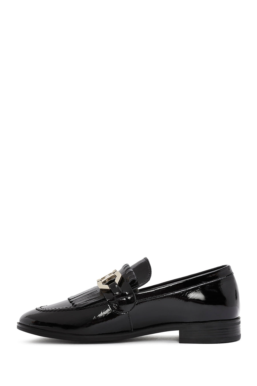 Women's Black Buckle Detailed Patent Leather Masculine Loafer