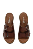 Women's Brown Thick Sole Buckle Leather Slippers | Derimod