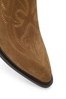 Woman Tan Short Thick-Heeled Embroidered Suede Cowboy Boots | Derimod