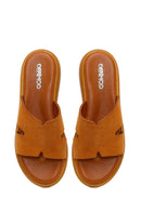 Woman Tan Suede Leather Slippers | Derimod