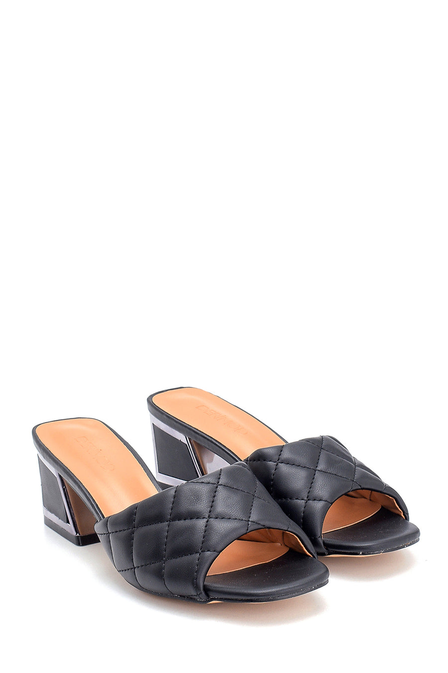 Women's Black Quilted Detailed Thick Heeled Slippers