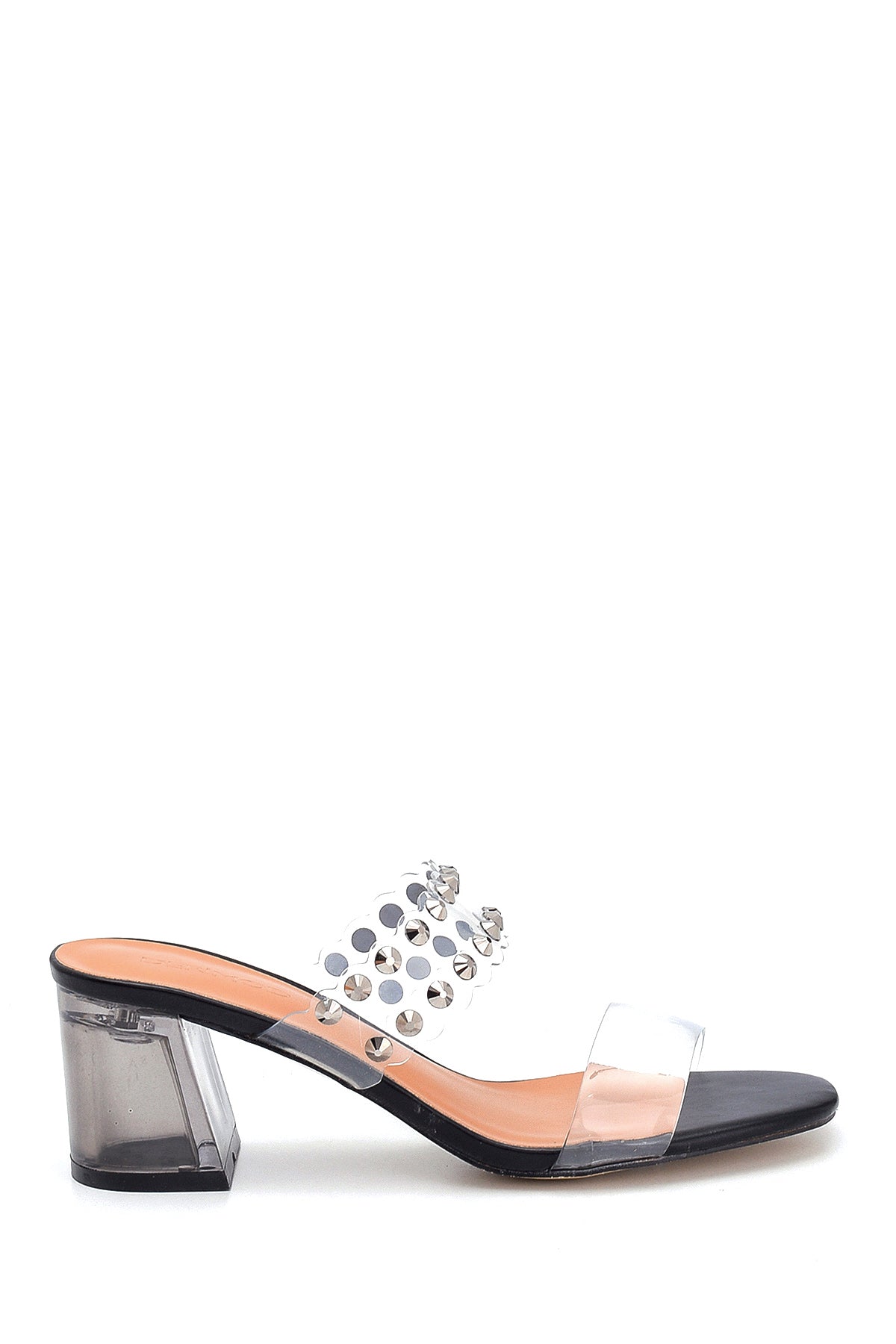 Women's Black Transparent Heeled Stone Detailed Slippers 21SFE4639PV | Derimod