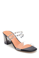 Women's Black Transparent Heeled Stone Detailed Slippers | Derimod