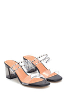 Women's Black Transparent Heeled Stone Detailed Slippers | Derimod