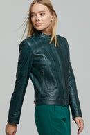 Ella Women's Green Stretch-Fit Leather Jacket | Derimod