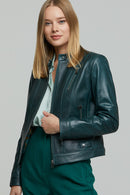Ella Women's Green Stretch-Fit Leather Jacket | Derimod