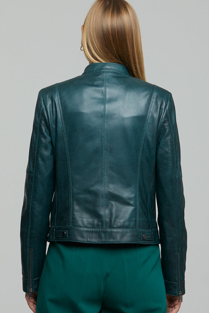 Ella Women's Green Stretch-Fit Leather Jacket