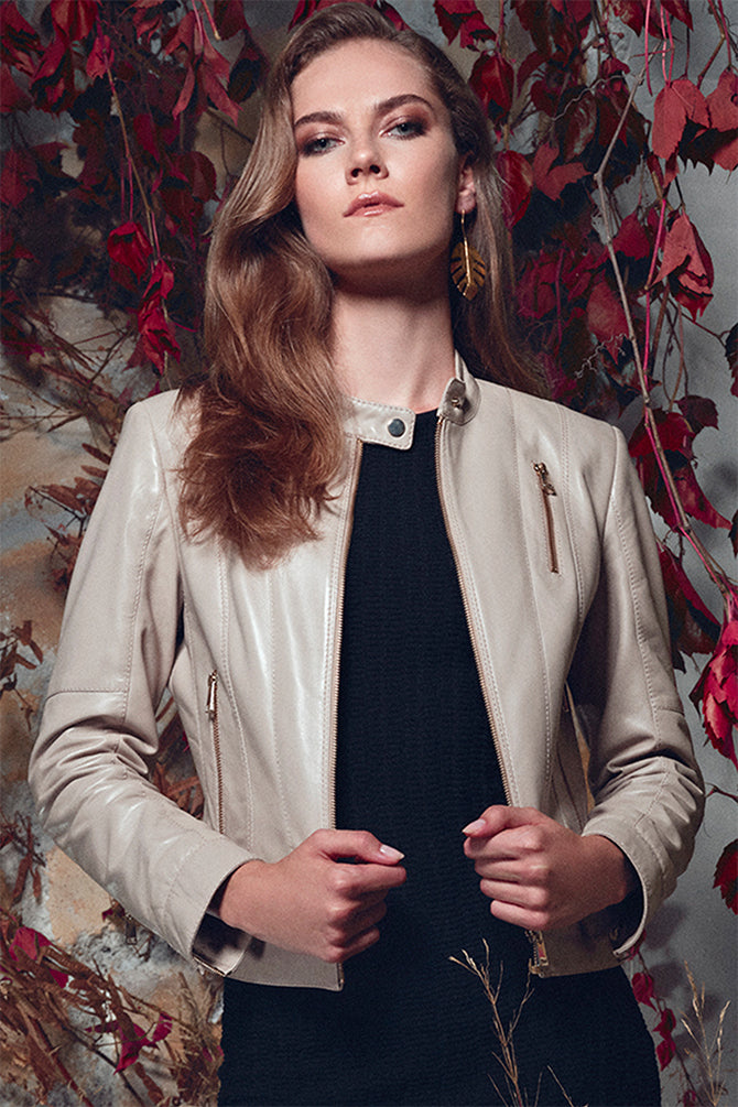 Ella Women's Beige Stretch-Fit Leather Jacket