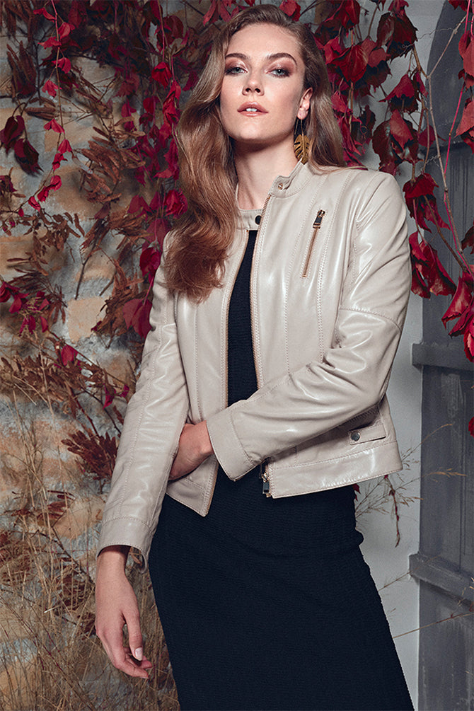 Ella Women's Beige Stretch-Fit Leather Jacket