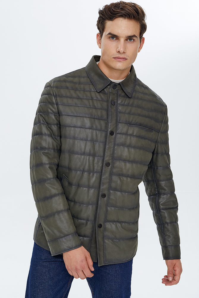 Locatelli Men's Khaki Nubuck Puffer Leather Jacket 21WGD64127B | Derimod