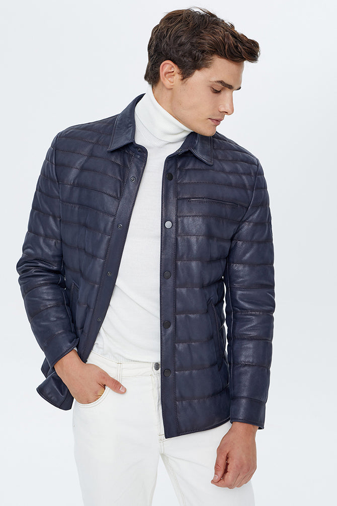 Locatelli Men's Navy Blue Nubuck Puffer Leather Jacket