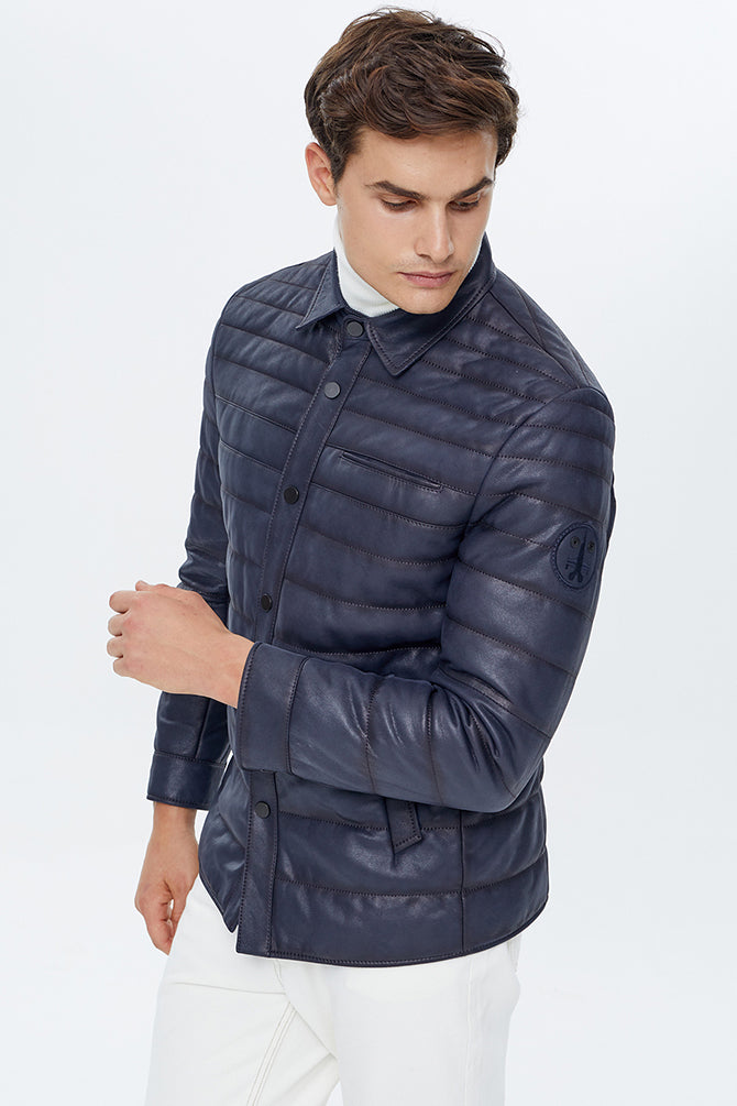 Locatelli Men's Navy Blue Nubuck Puffer Leather Jacket
