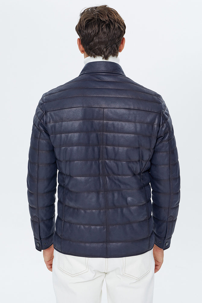 Locatelli Men's Navy Blue Nubuck Puffer Leather Jacket